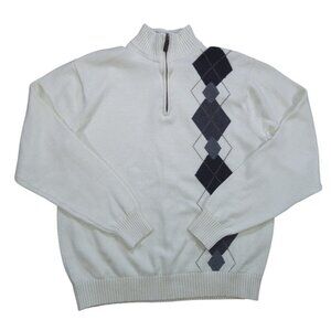 Oscar de la Renta Argyle Quarter Zip Sweater Men XL Light Yellow Gray Cotton.